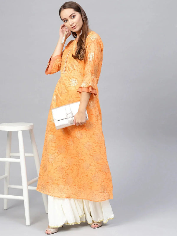 Orange & Golden Printed Kurta-Indiakreations-JS1982KURORS