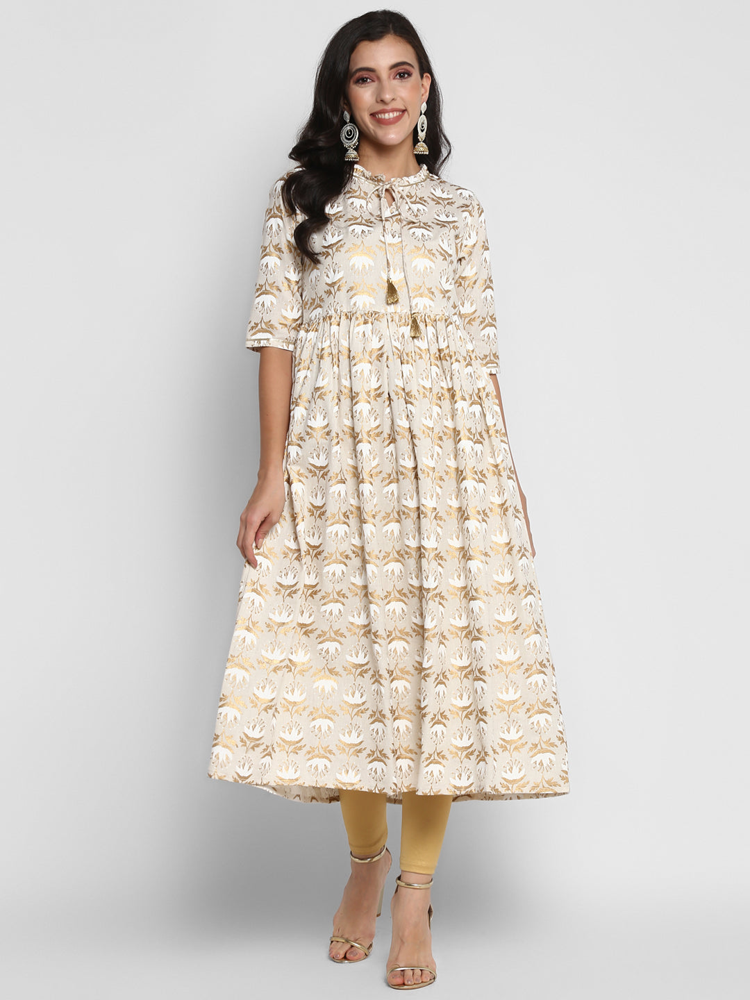 Women's Natural Color Cotton Blend Gold Printed A-Line Flared Dress - Vaaba