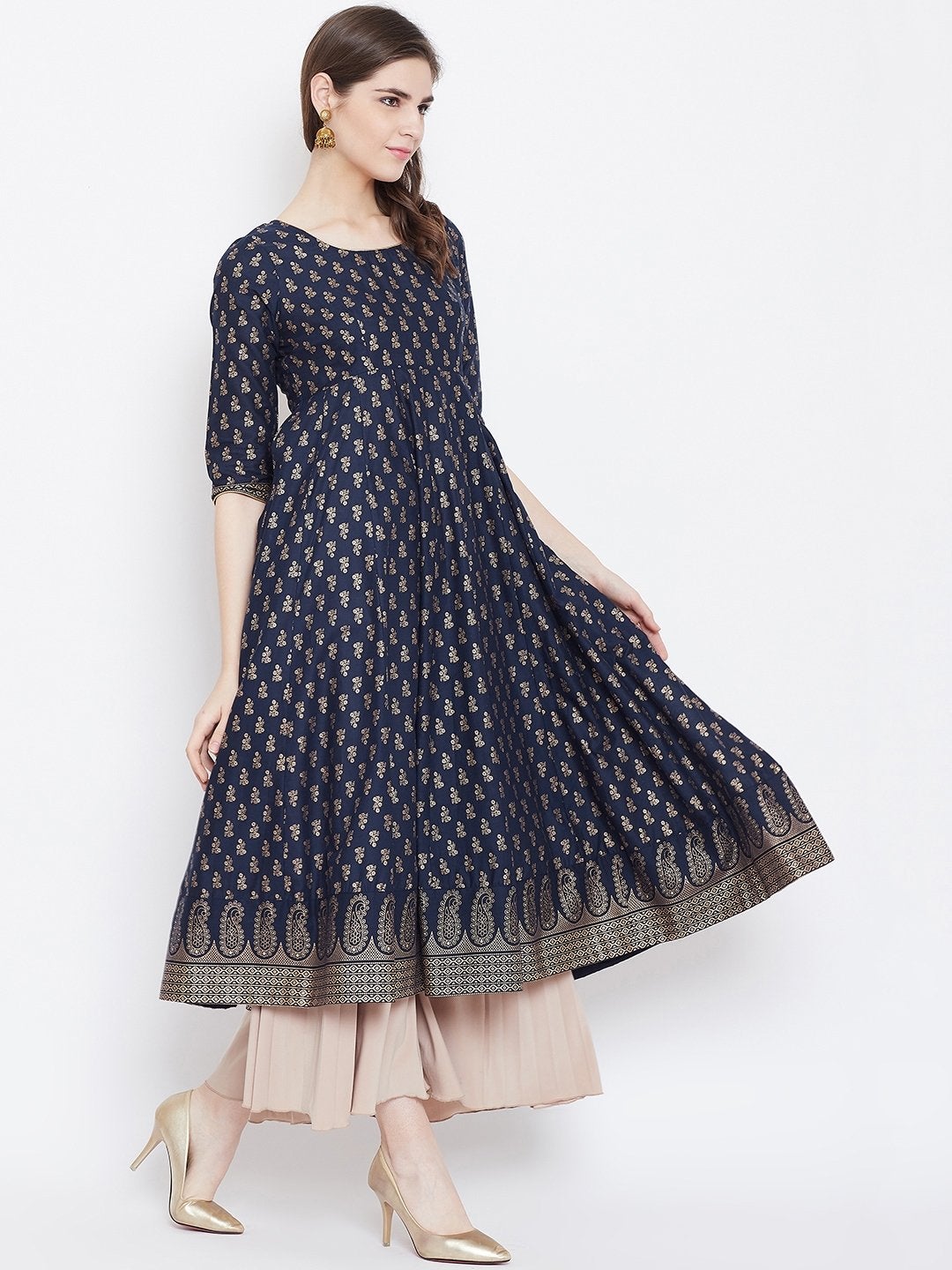 Women's Print  Stylish Pure Cotton 3/4th Sleeve Anarkali Kurta - Poshak Hub