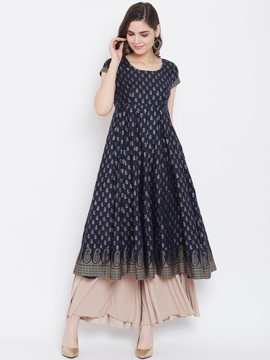 Women's Golden Print  Stylish Pure Cotton Anarkali Kurta - Poshak Hub