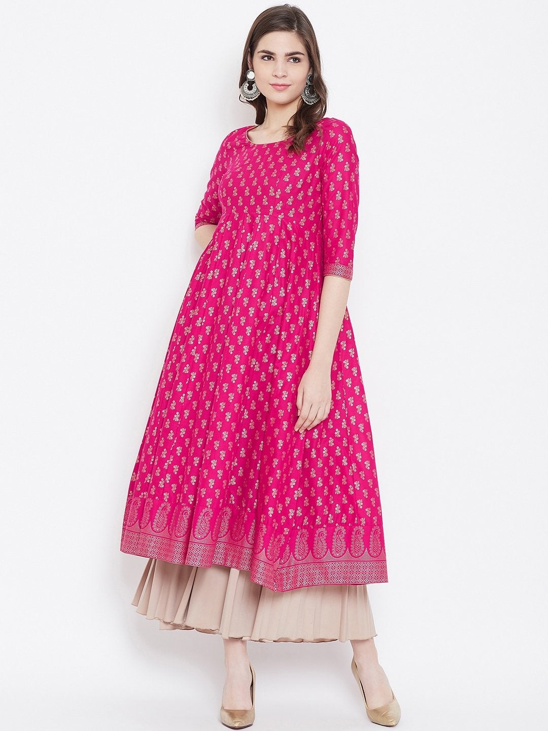 Women's Print  Stylish Pure Cotton 3/4th Sleeve Anarkali Kurta - Poshak Hub