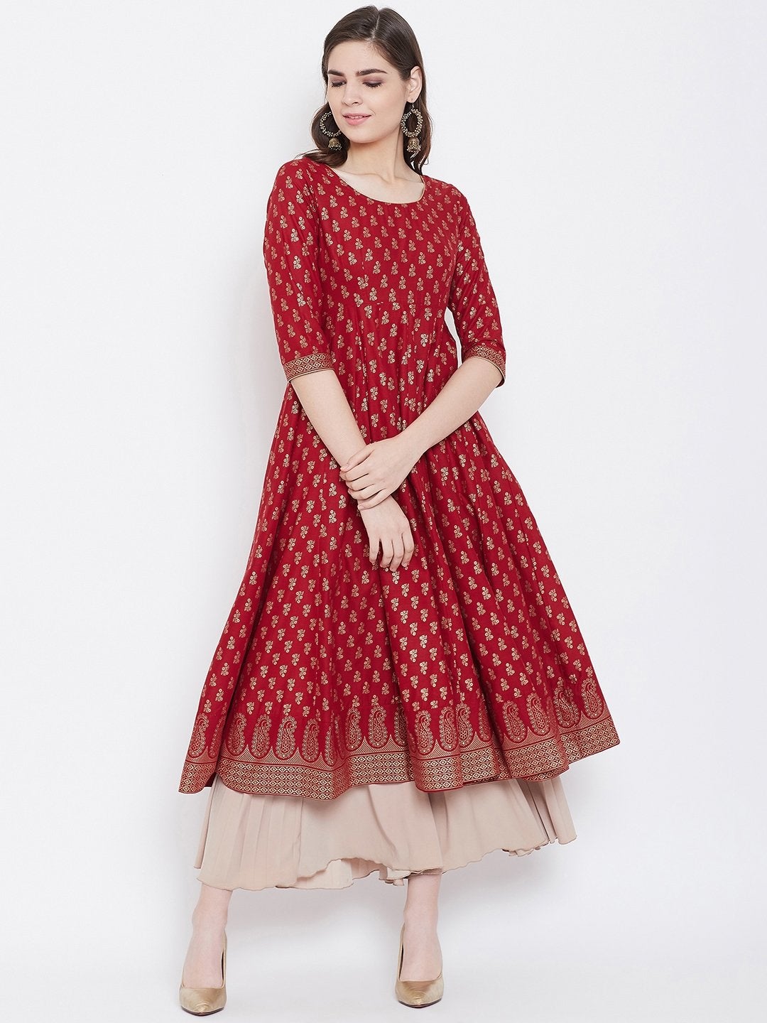 Women's Print  Stylish Pure Cotton 3/4th Sleeve Anarkali Kurta - Poshak Hub