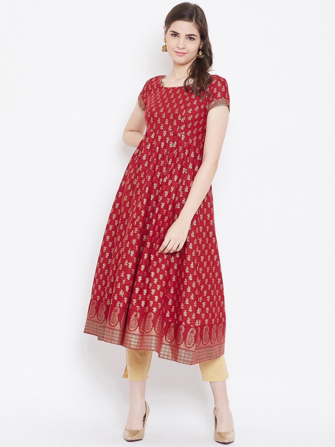 Women's Golden Print  Stylish Pure Cotton Anarkali Kurta - Poshak Hub