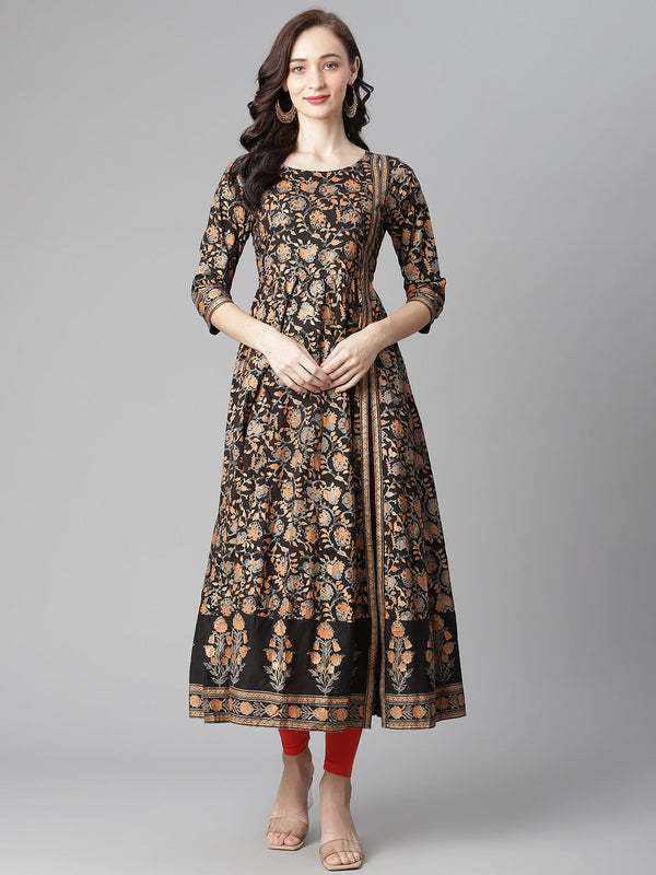 Women's Black Cotton Printed Anarkali Kurta With Legging - Noz2Toz