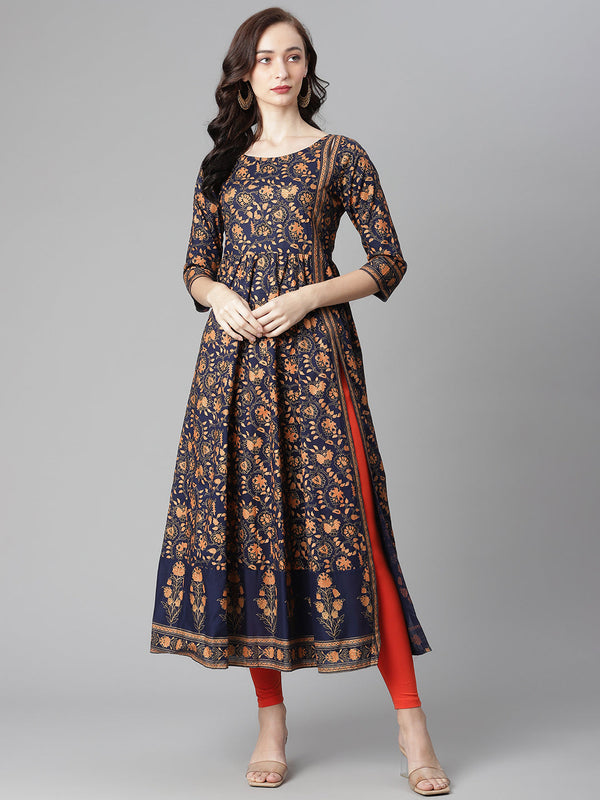 Women's Blue Cotton Printed Anarkali Kurta With Legging - Noz2Toz