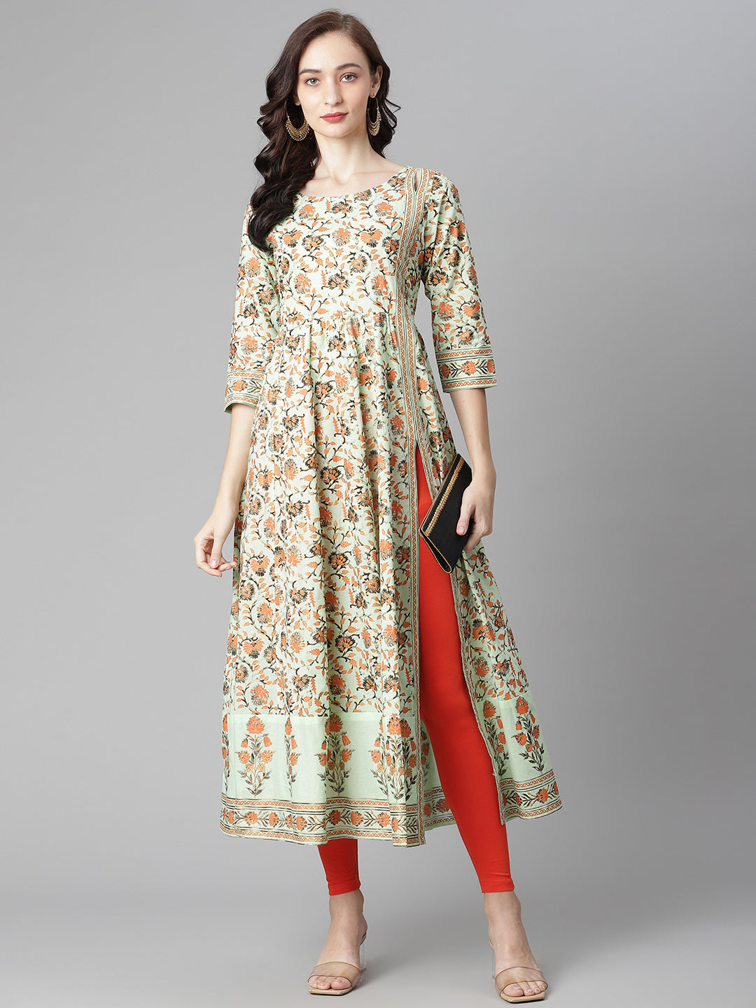 Women's Sea-Green Cotton Printed Anarkali Kurta With Legging -  Poshak Hub