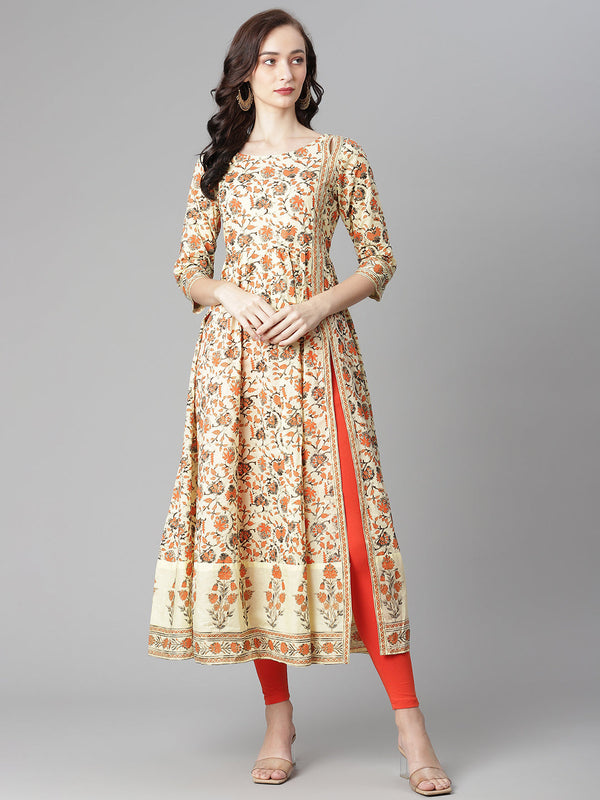 Women's Yellow Cotton Printed Anarkali Kurta With Legging - Noz2Toz