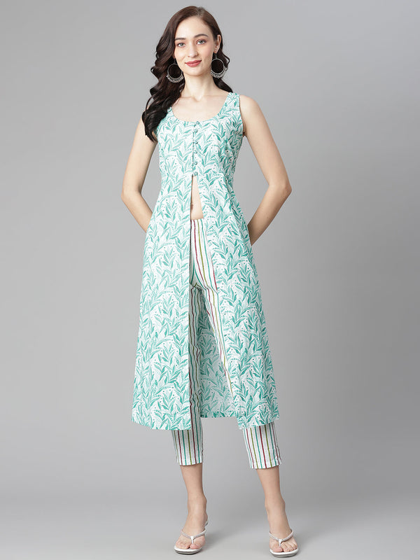 Women's Green Cotton Print Straight Kurta With Pant - Noz2Toz