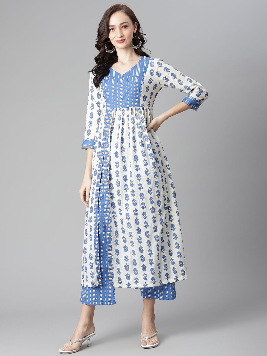 Women's Off-White-Blue Cotton Printed Front Slit A-Line Kurta With Palazzo -  Poshak Hub