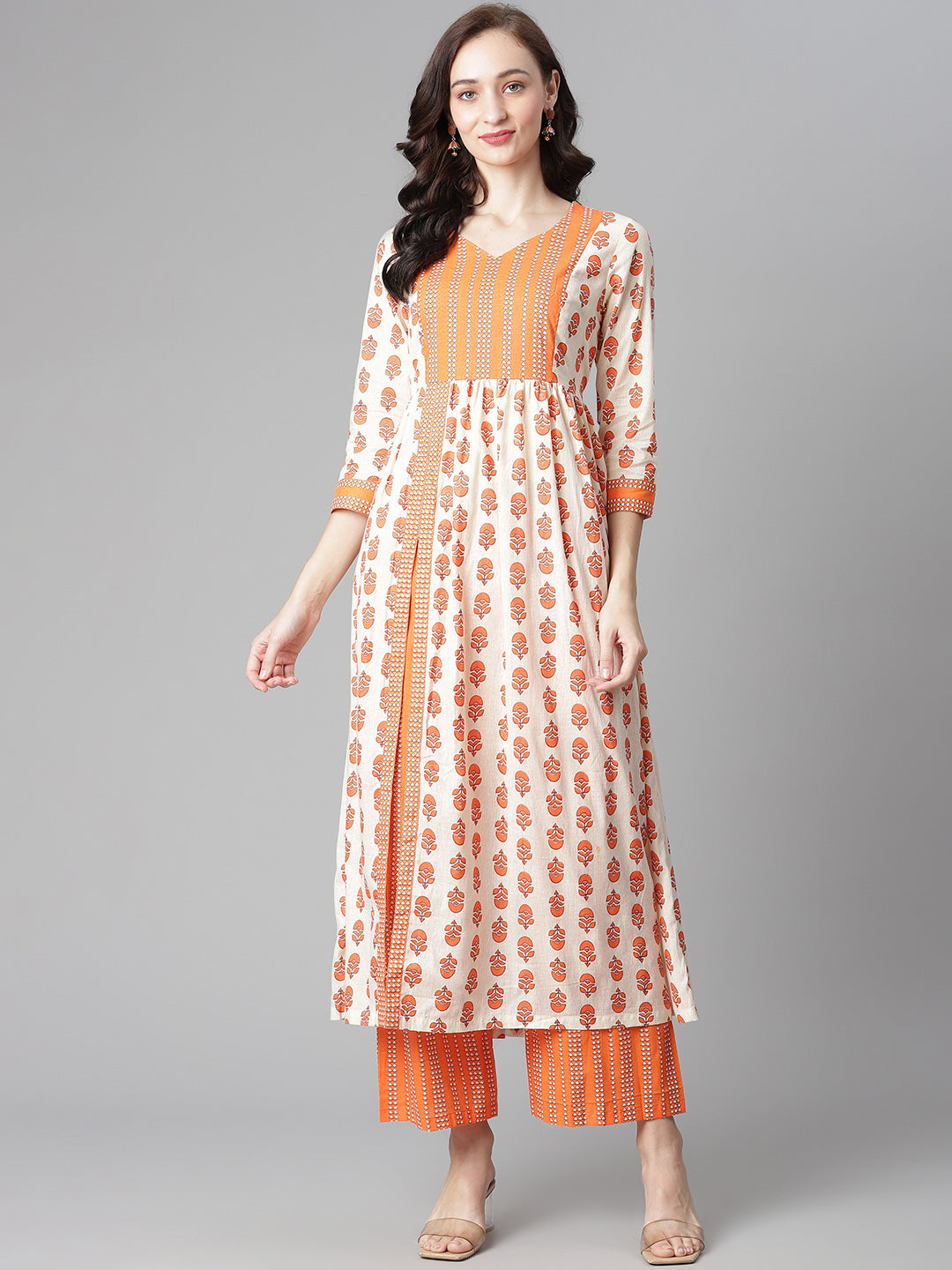 Women's Off-White-Orange Cotton Printed Front Slit A-Line Kurta With Palazzo -  Poshak Hub