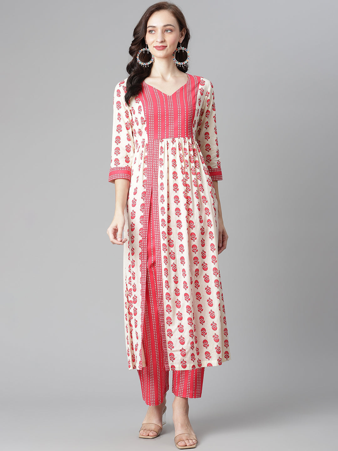 Women's Off-White-Red Cotton Printed Front Slit A-Line Kurta With Palazzo -  Poshak Hub