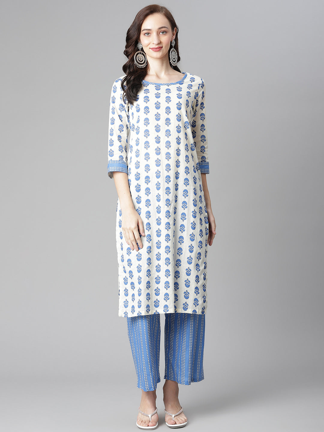 Women's Off-White-Blue Cotton Print Straight Kurta With Palazzo -  Poshak Hub