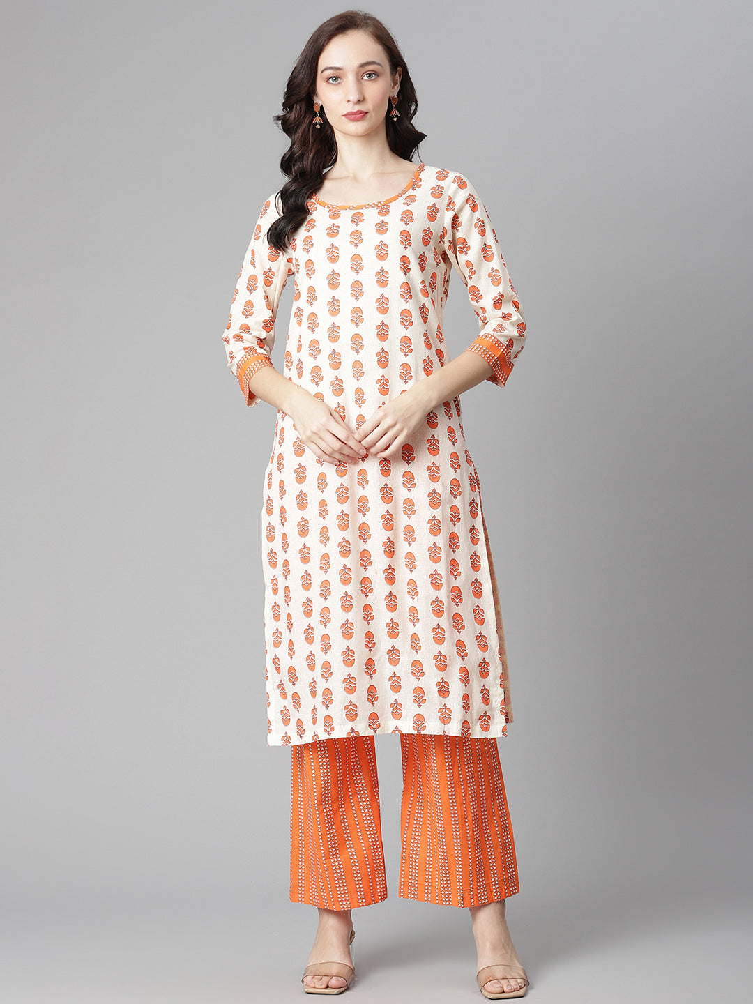 Women's Off-White-Orange Cotton Print Straight Kurta With Palazzo -  Poshak Hub