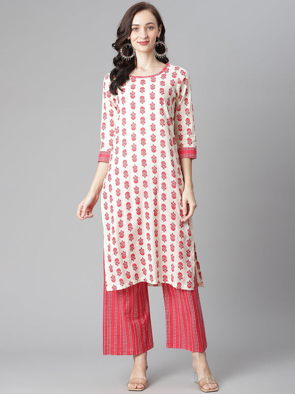 Women's Off-White-Red Cotton Print Straight Kurta With Palazzo - Noz2Toz