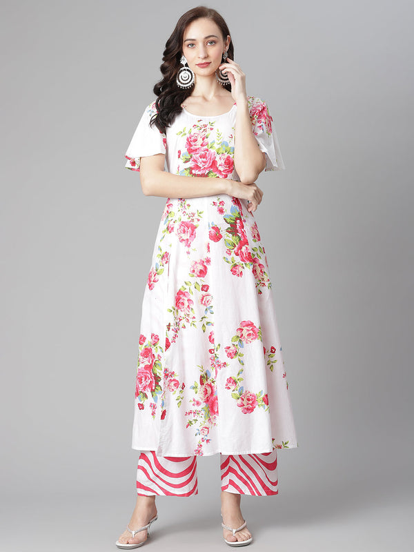 Women's White-Red Cotton Print A-Line Kurta With Palazzoo - Noz2Toz