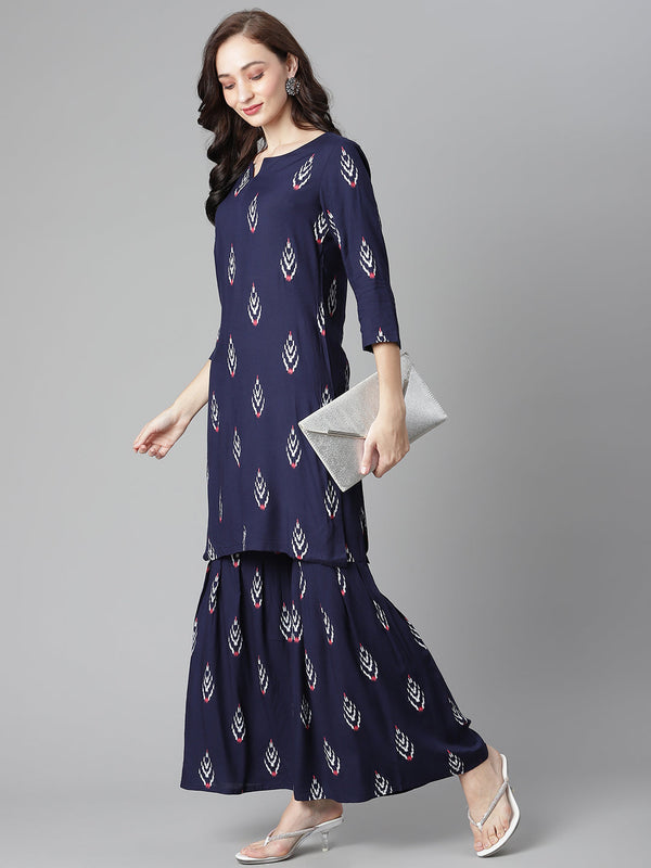 Women's Blue Rayon Printed Straight Kurta With Sharara - Noz2Toz