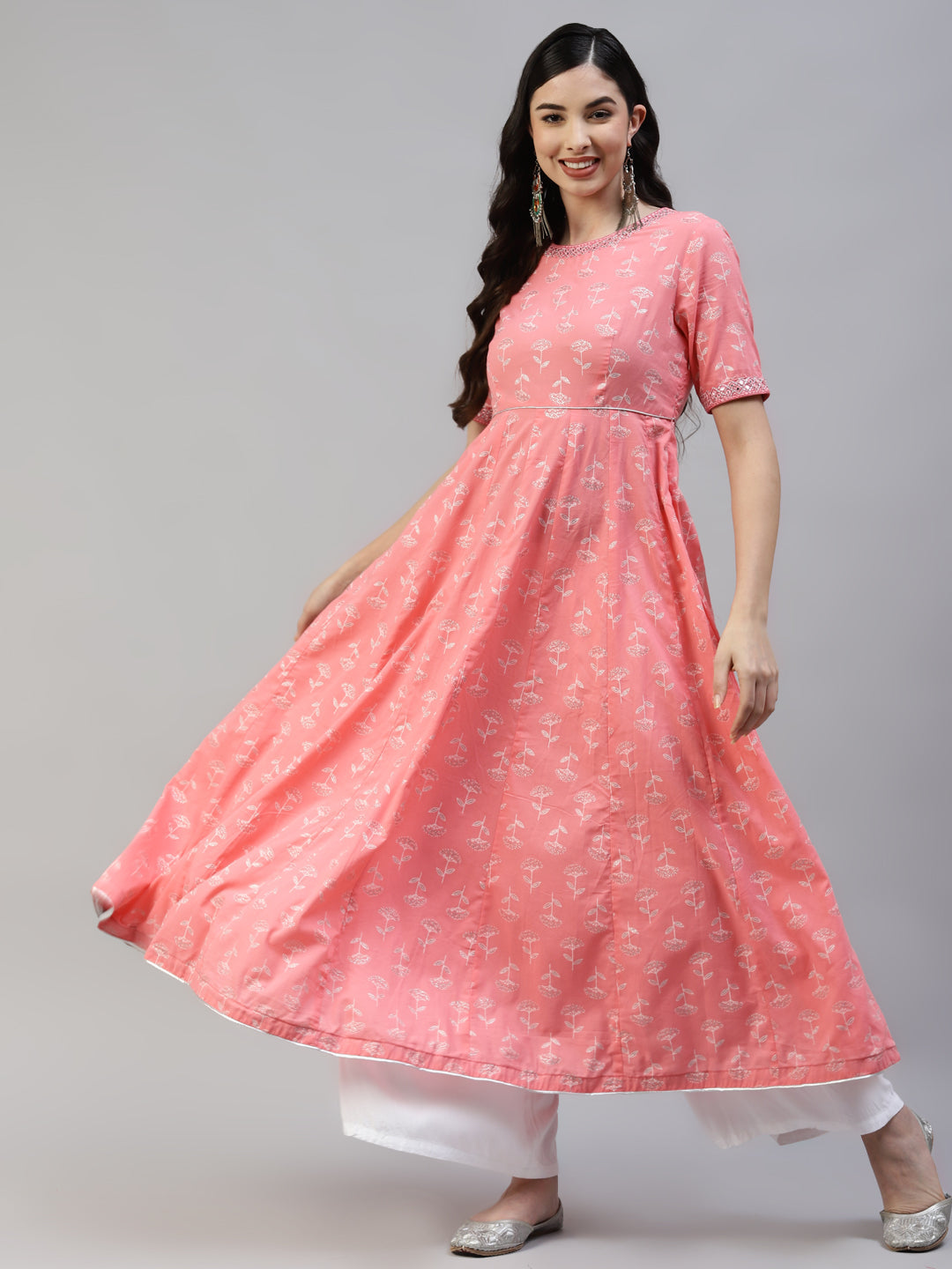 Women's Pink Cotton Silver Printed Embroidery Anarkali Kurta -  Poshak Hub