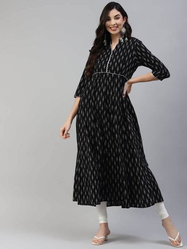 Women's Black Cotton Printed Anarkali Kurta - Noz2Toz