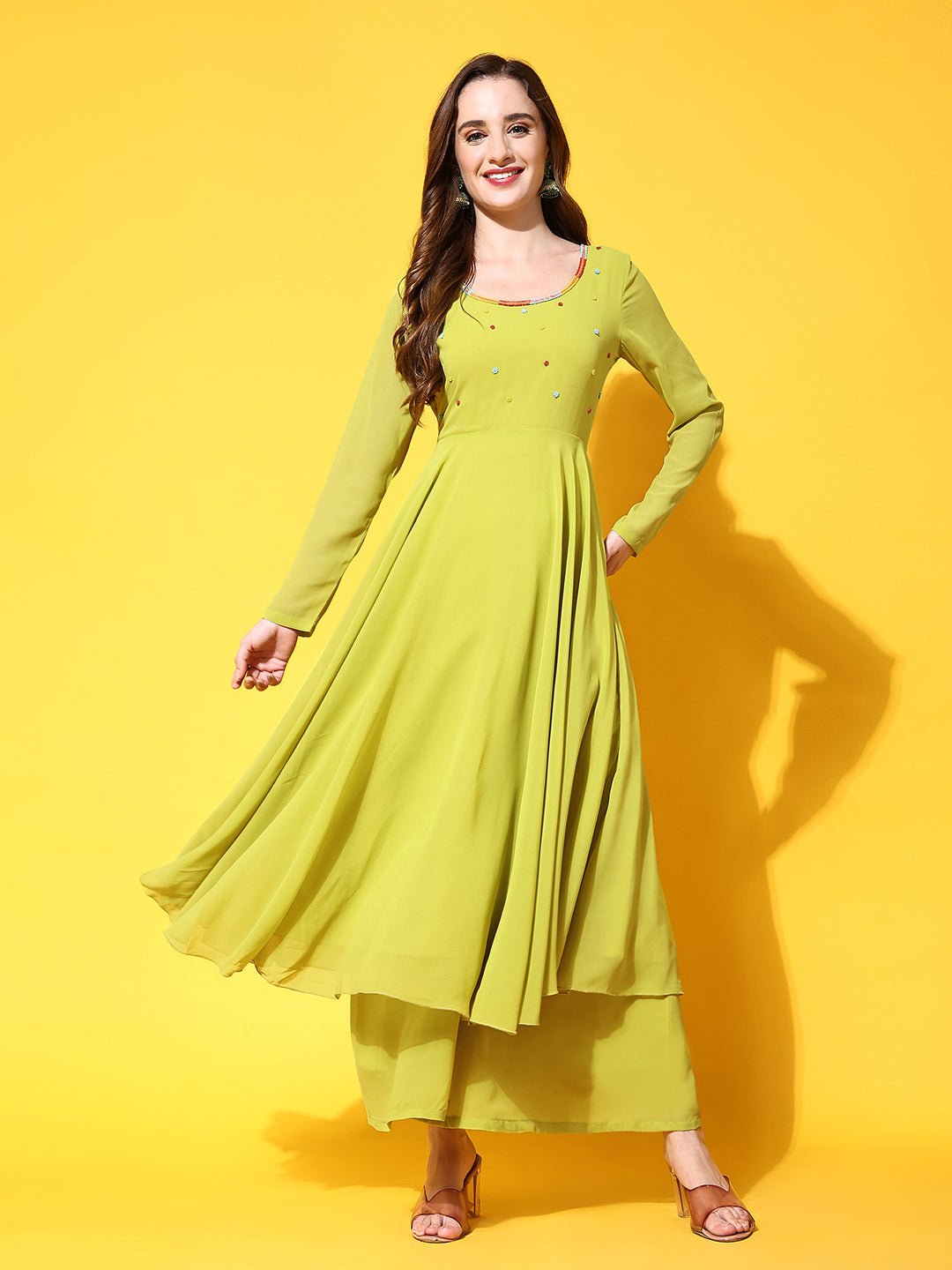 Women's Lime Georgette Anarkali Kurta  - Poshak Hub