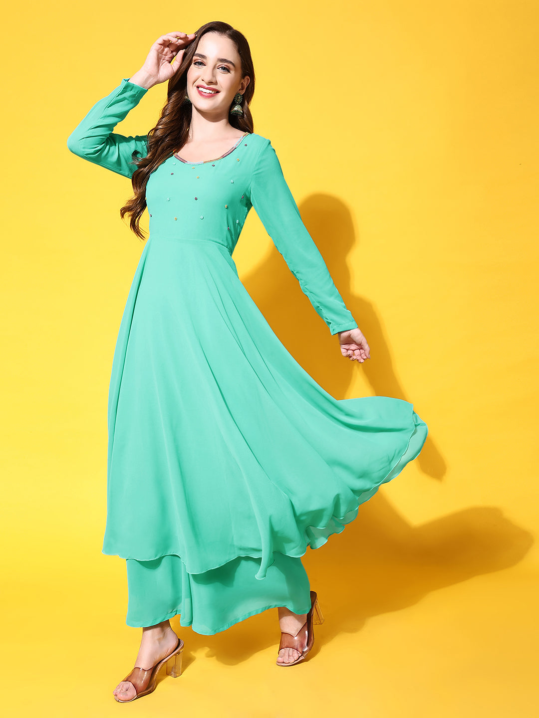 Women's Turquoise Georgette Anarkali Kurta  - Poshak Hub