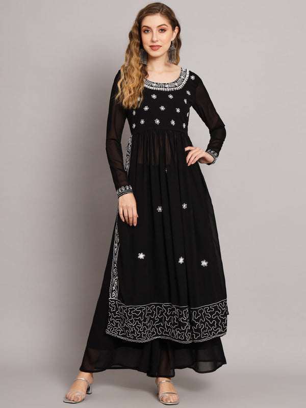 Women's Black georgette Aari work A-Line Kurta with Sharara - Taantav