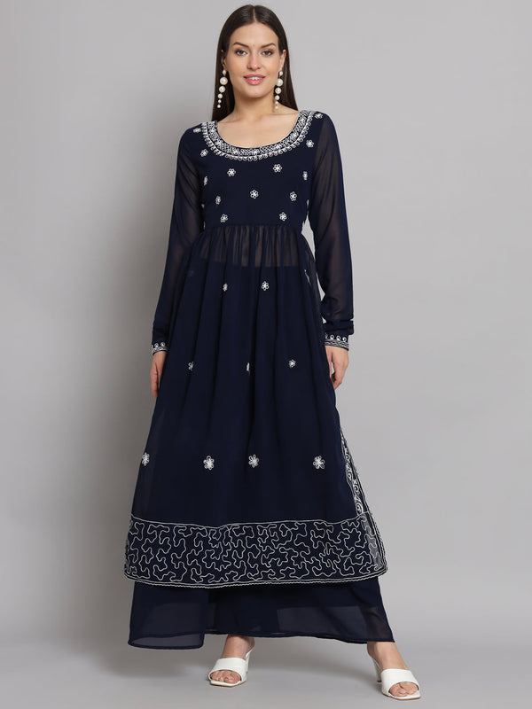 Women's Blue georgette Aari work A-Line Kurta with Sharara - Taantav