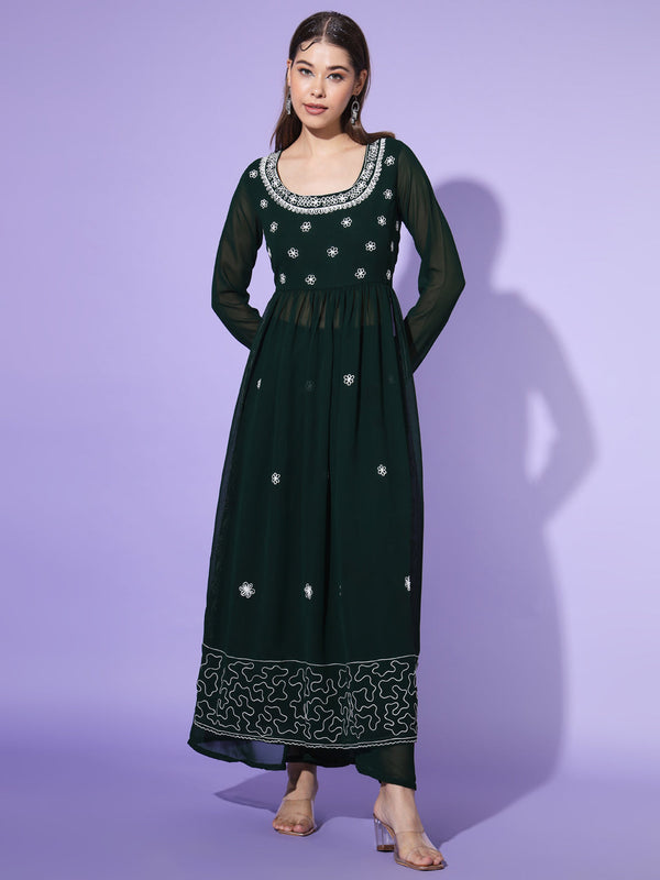 Women's Green georgette Aari work A-Line Kurta with Sharara - Taantav