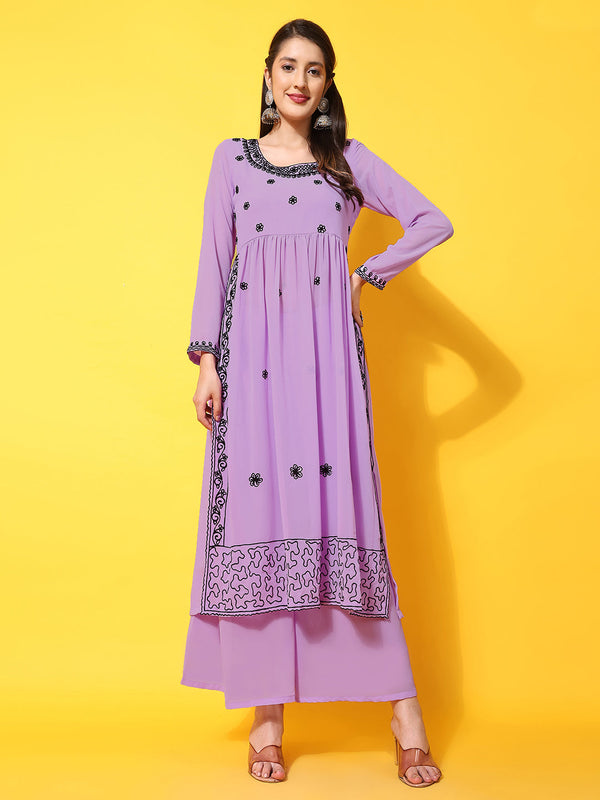 Women's Lavender georgette Aari work A-Line Kurta with Sharara - Taantav