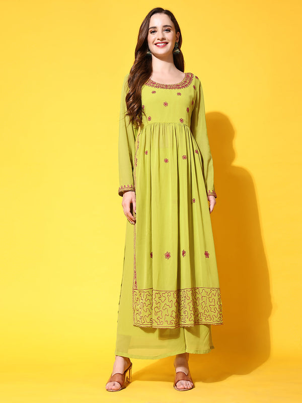 Women's Lime-Green georgette Aari work A-Line Kurta with Sharara - Taantav