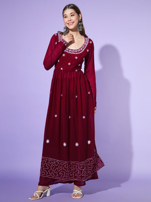 Women's Maroon georgette Aari work A-Line Kurta with Sharara - Taantav