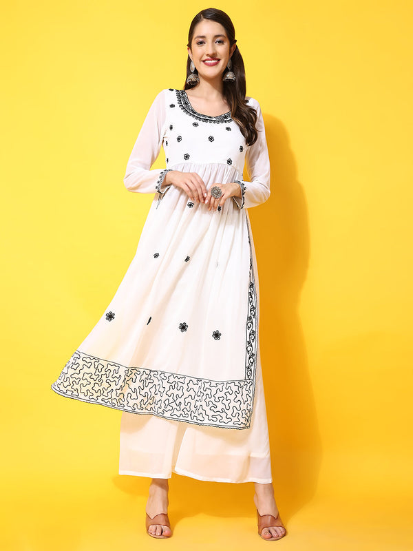 Women's Off-White georgette Aari work A-Line Kurta with Sharara - Taantav