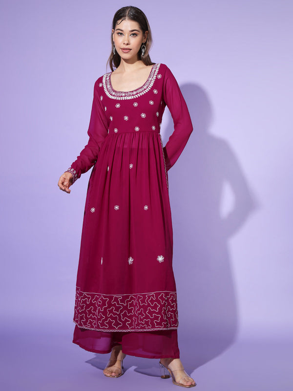 Women's Pink georgette Aari work A-Line Kurta with Sharara - Taantav