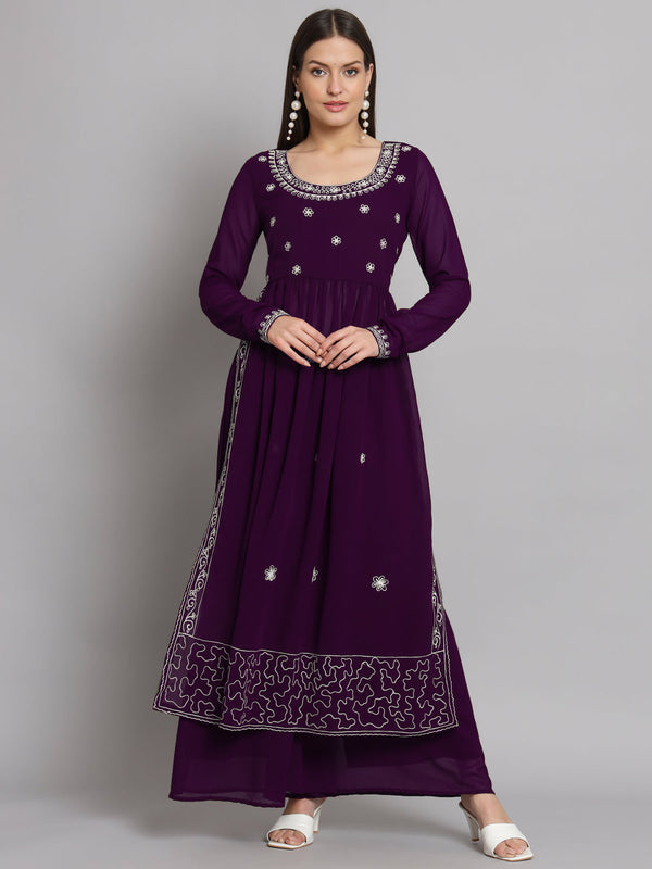 Women's Purple georgette Aari work A-Line Kurta with Sharara - Taantav