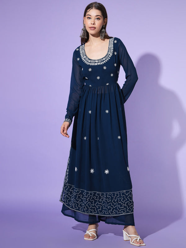 Women's Teal Blue georgette Aari work A-Line Kurta with Sharara - Taantav