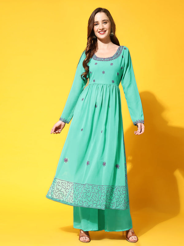 Women's Torquoise georgette Aari work A-Line Kurta with Sharara - Taantav