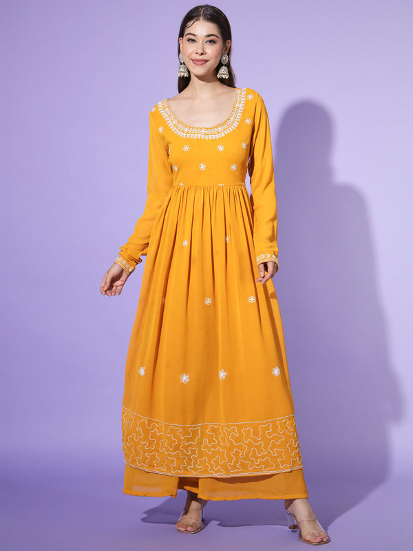 Women's Yellow georgette Aari work A-Line Kurta with Sharara - Taantav