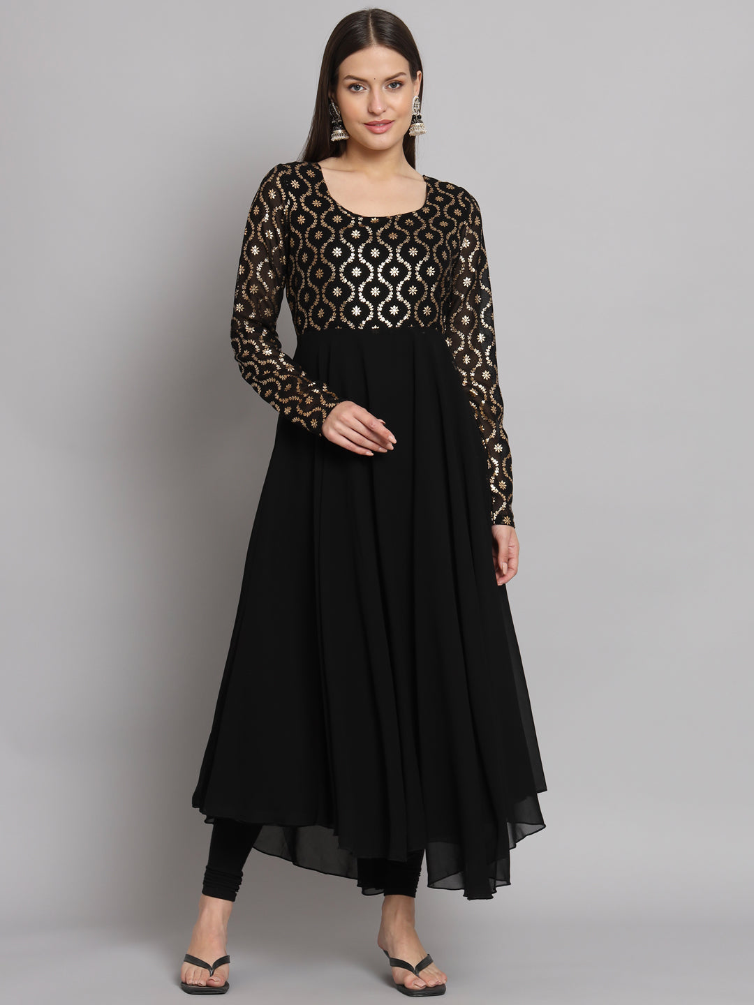 Women's Black Georgette Foil Print Anarkali Kurta - Poshak Hub