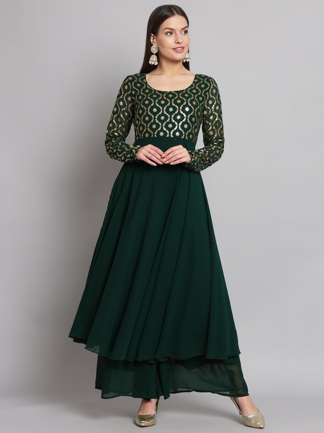 Women's Green Georgette Foil Print Anarkali Kurta - Poshak Hub