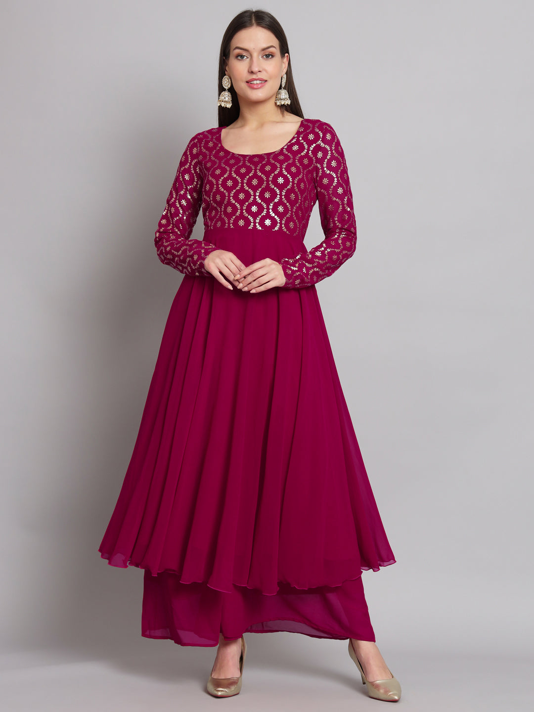 Women's Pink Georgette Foil Print Anarkali Kurta - Poshak Hub