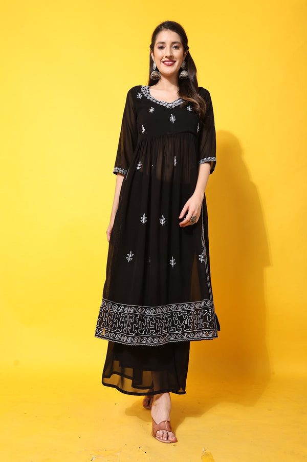 Women's Black georgette Aari work A-Line Kurta with Sharara - Taantav