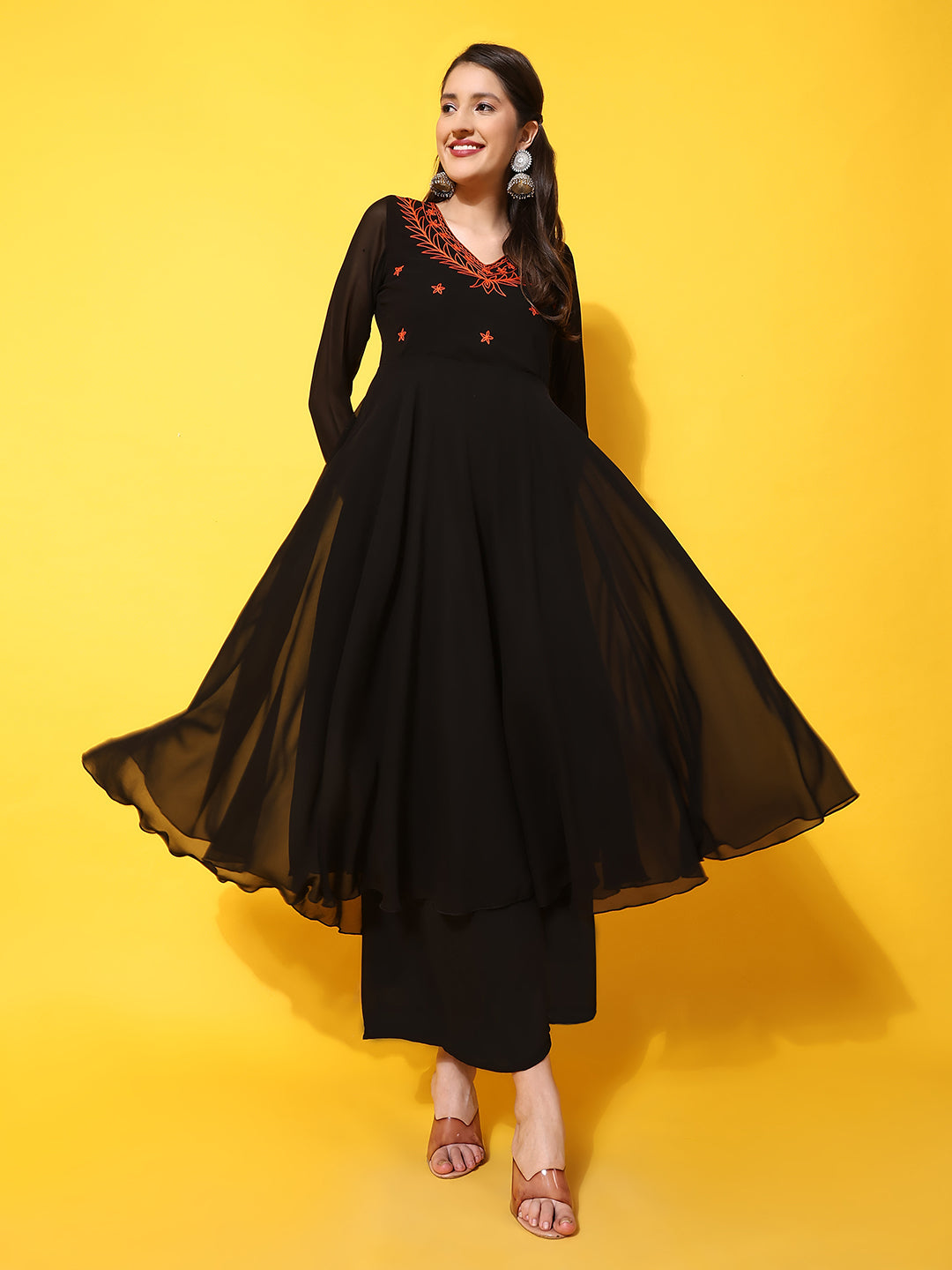 Women's Black Georgette Anarkali Kurta  - Poshak Hub