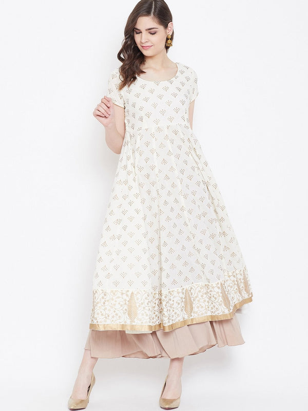 Women's Golden Print  Stylish Round Neck Off White Pure Cotton Anarkali Kurta - Poshak Hub