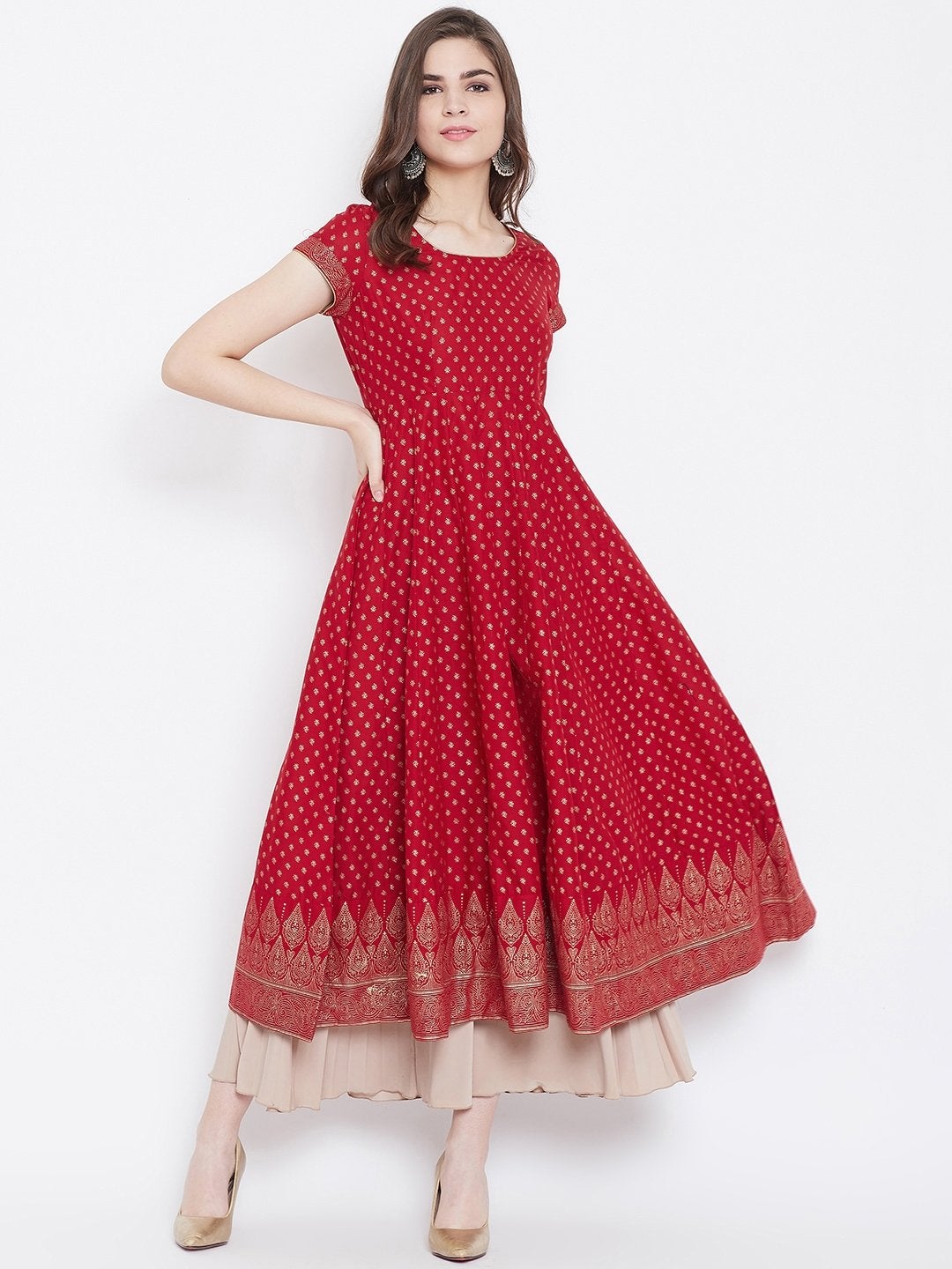 Women's Red Anarkali Round Neck Golden Print Kurta - Poshak Hub