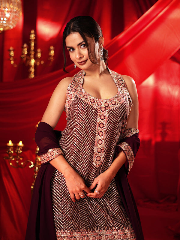 Zarina Jashvi Wine Embroidered Georgette Straight Suit With Dupatta