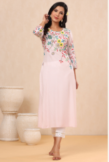 Women's Pink Rayon Printed Straight Kurta - Juniper