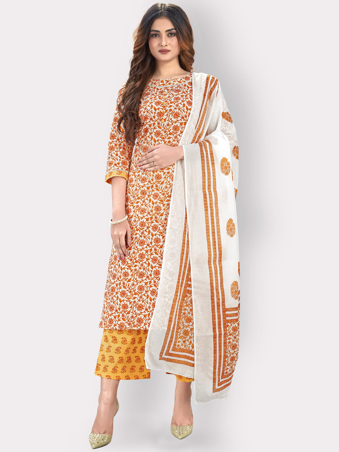 Women's Orange Cotton Kurta With Palazzo & Dupatta By Vbuyz (3Pcs Set)