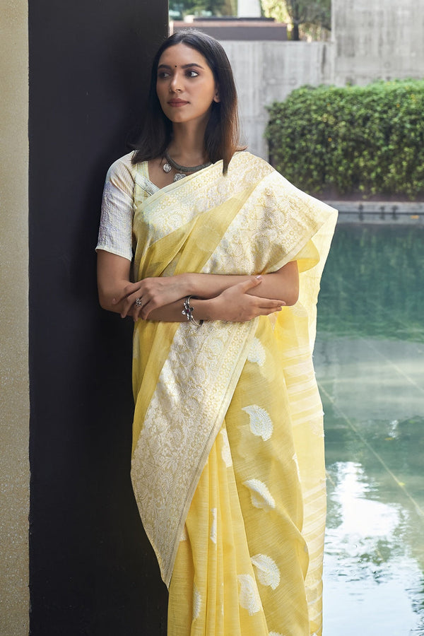 Women's Blonde Yellow Linen Saree - Karagiri