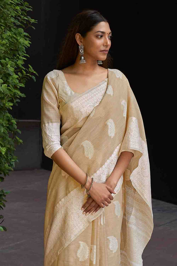 Women's Beige Linen Saree - Karagiri