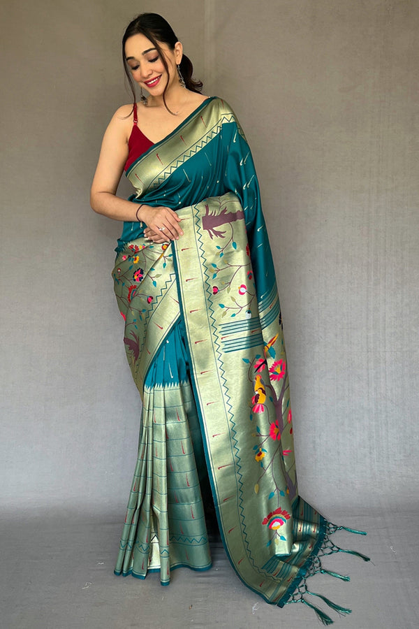 Women's Teal Green Paithani Big Border Zari Woven Saree - TASARIKA