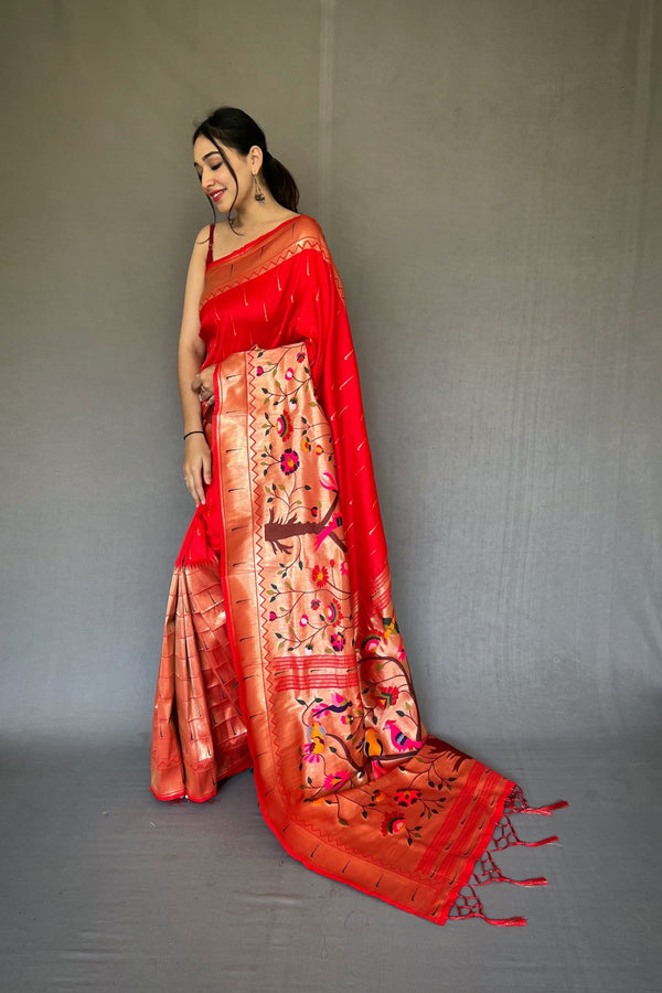 Women's Red Paithani Big Border Zari Woven Saree - TASARIKA